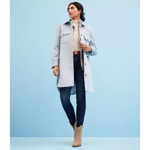 LOFT $200 Twill Long Shirt Jacket Sky Blue MEDIUM PETITE NEW - Picture 4 of 8